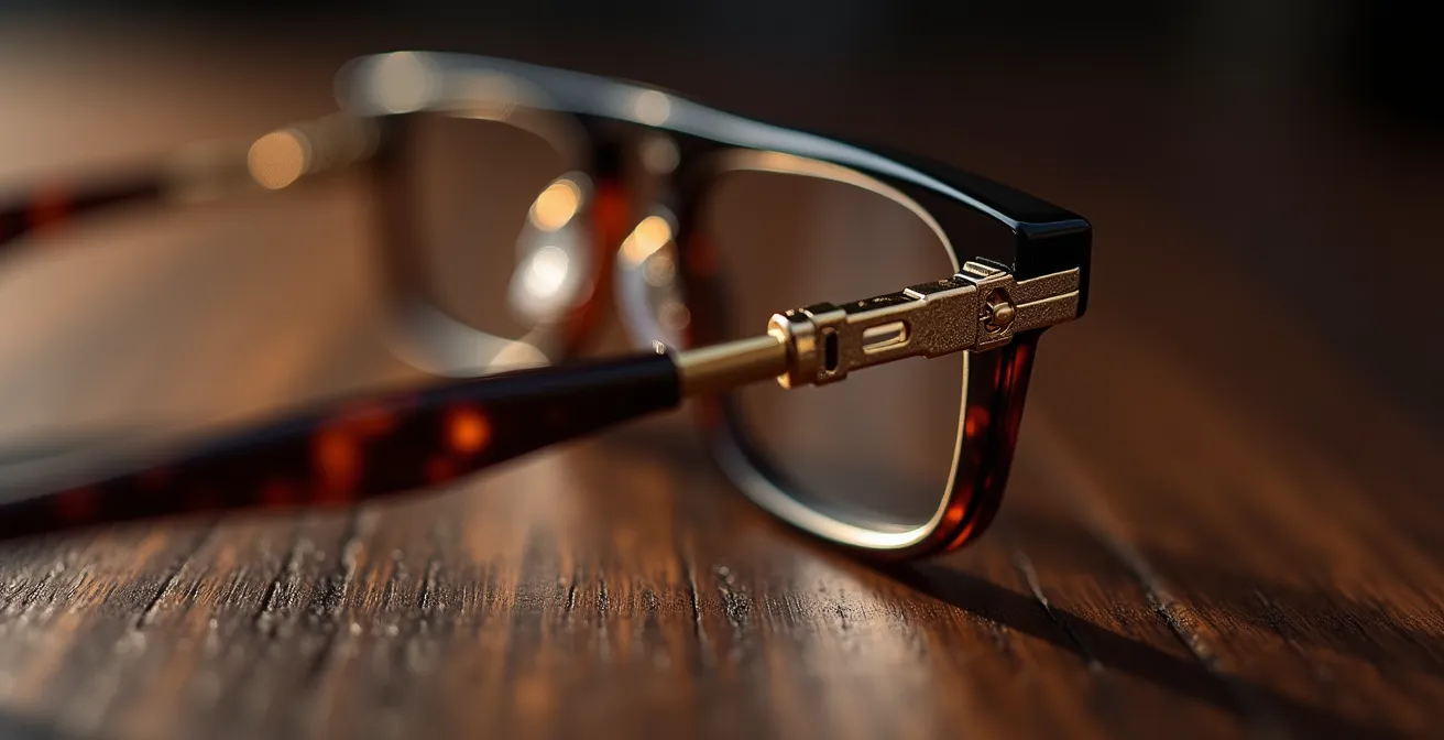 Vue macro sur les branches dorées d'une monture Gucci montrant les détails artisanaux