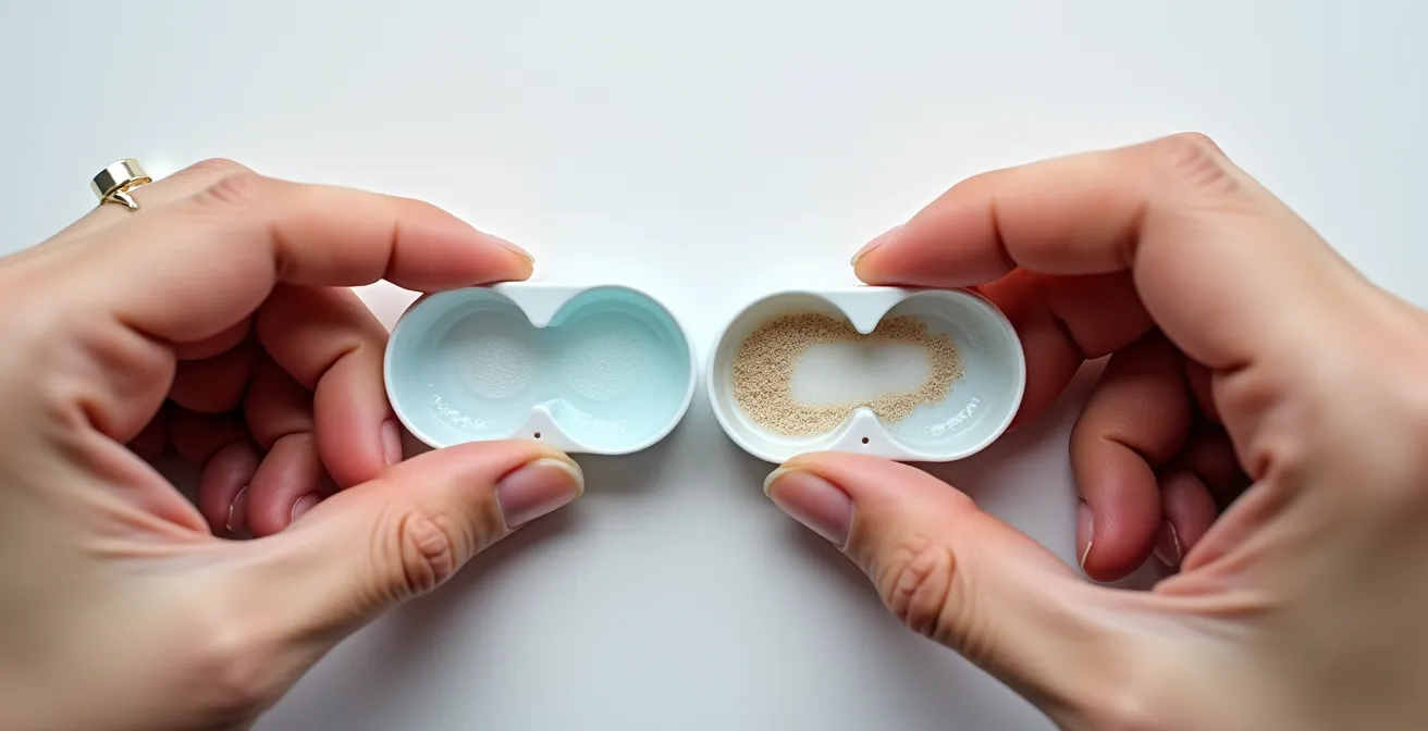 Vue détaillée d'un étui à lentilles montrant les signes de vieillissement