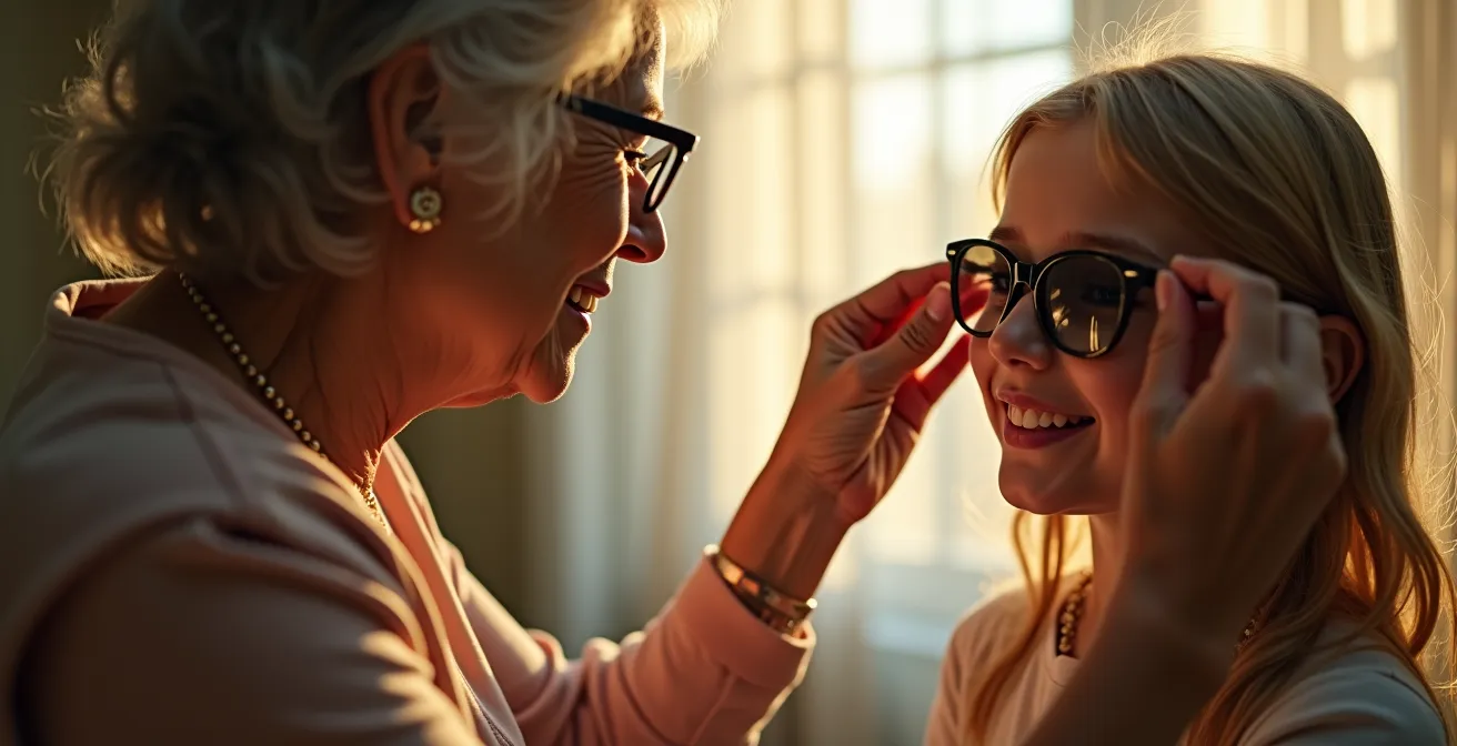 Portrait émotionnel d'une adolescente essayant des Ray-Ban vintage de sa grand-mère