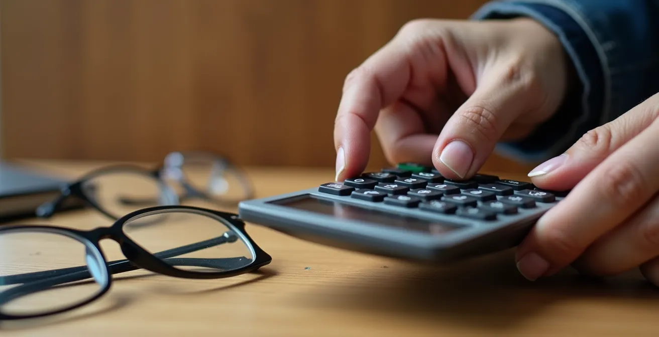 Main tenant une calculatrice devant des lunettes sur une table