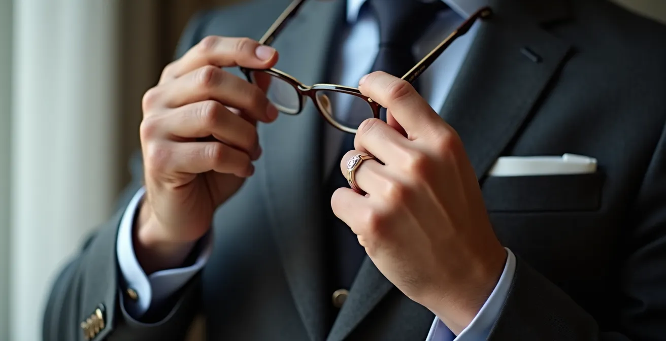 Gros plan sur les mains d'un homme ajustant ses lunettes Gucci avec élégance