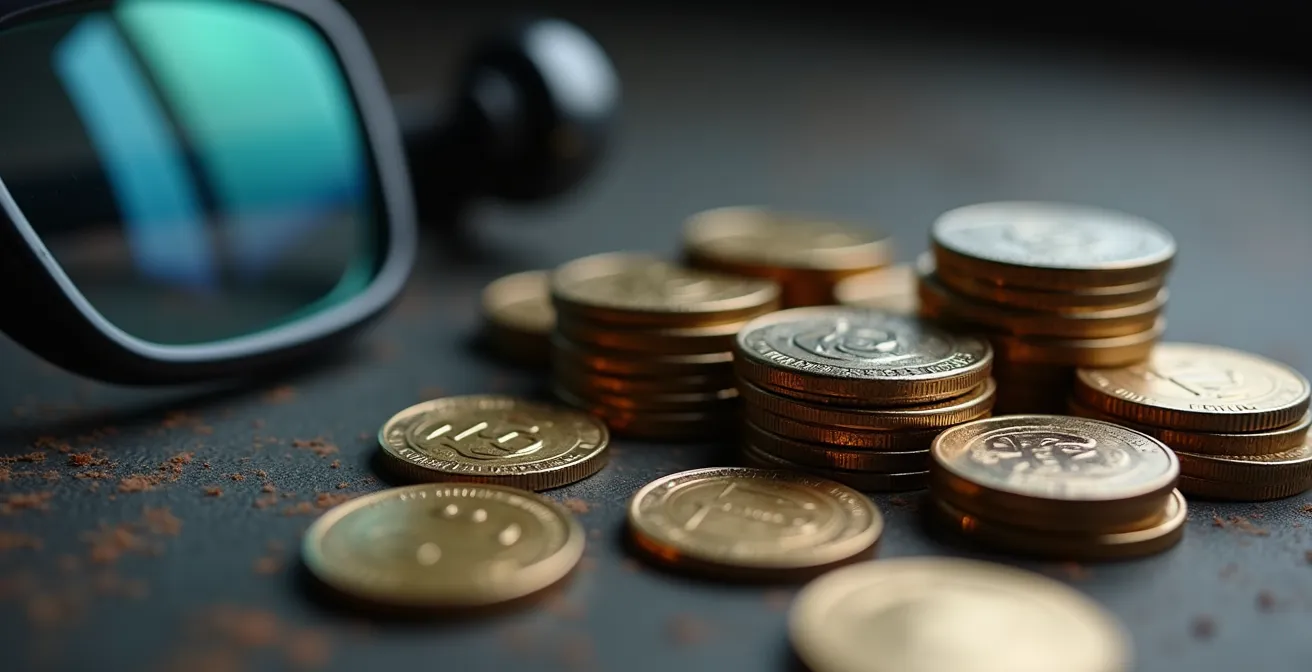 Piles de pièces de monnaie à côté de lunettes