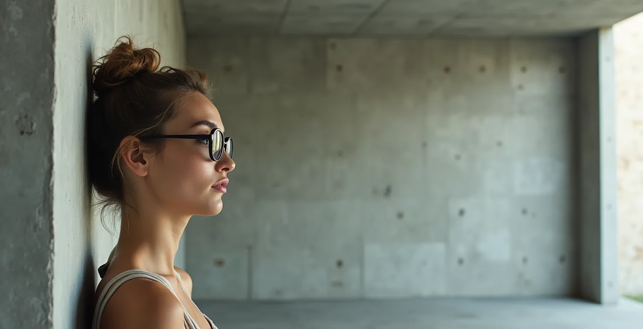 Portrait d'une femme portant des lunettes Gucci dans un espace architectural épuré