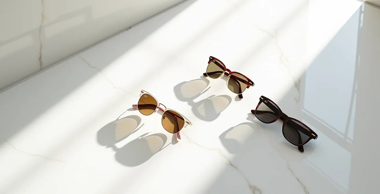 Composition artistique minimaliste de trois modèles Ray-Ban sur fond épuré