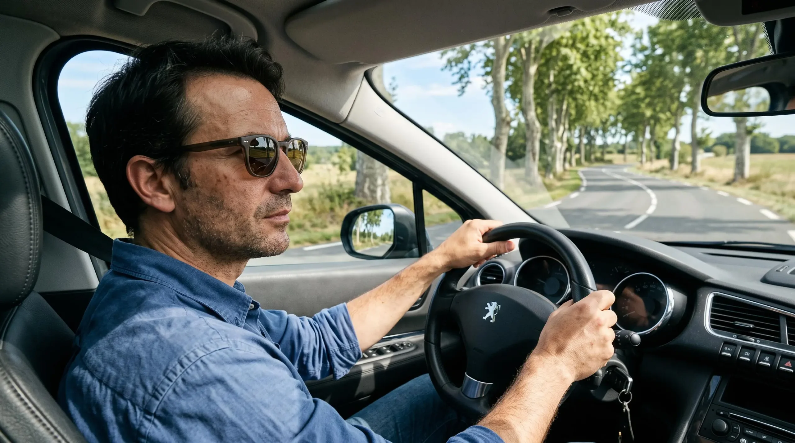 Un homme conduit une voiture en plein soleil avec des lunettes de soleil à teinte médium, les mains sur le volant.