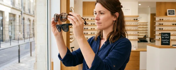 Une opticienne compare deux paires de lunettes de soleil à la lumière du jour dans une boutique d'optique.