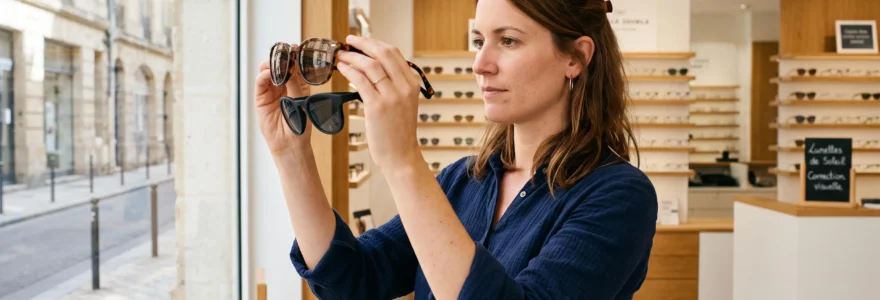 Une opticienne compare deux paires de lunettes de soleil à la lumière du jour dans une boutique d'optique.